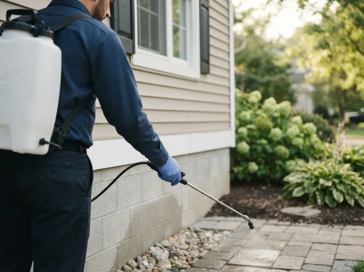 Pest control technician inspecting a home in Godfrey, IL